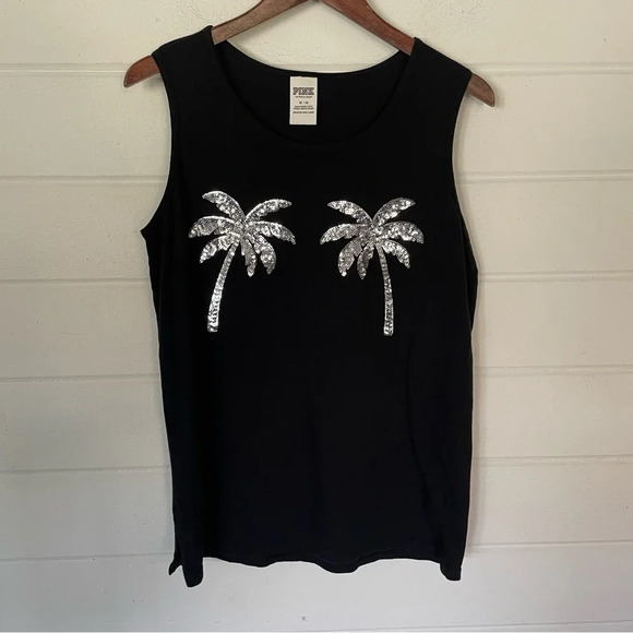 PINK Victoria's Secret Tops - PINK Victoria's Secret Black Sequins Palm Tree Tank Top Size Medium